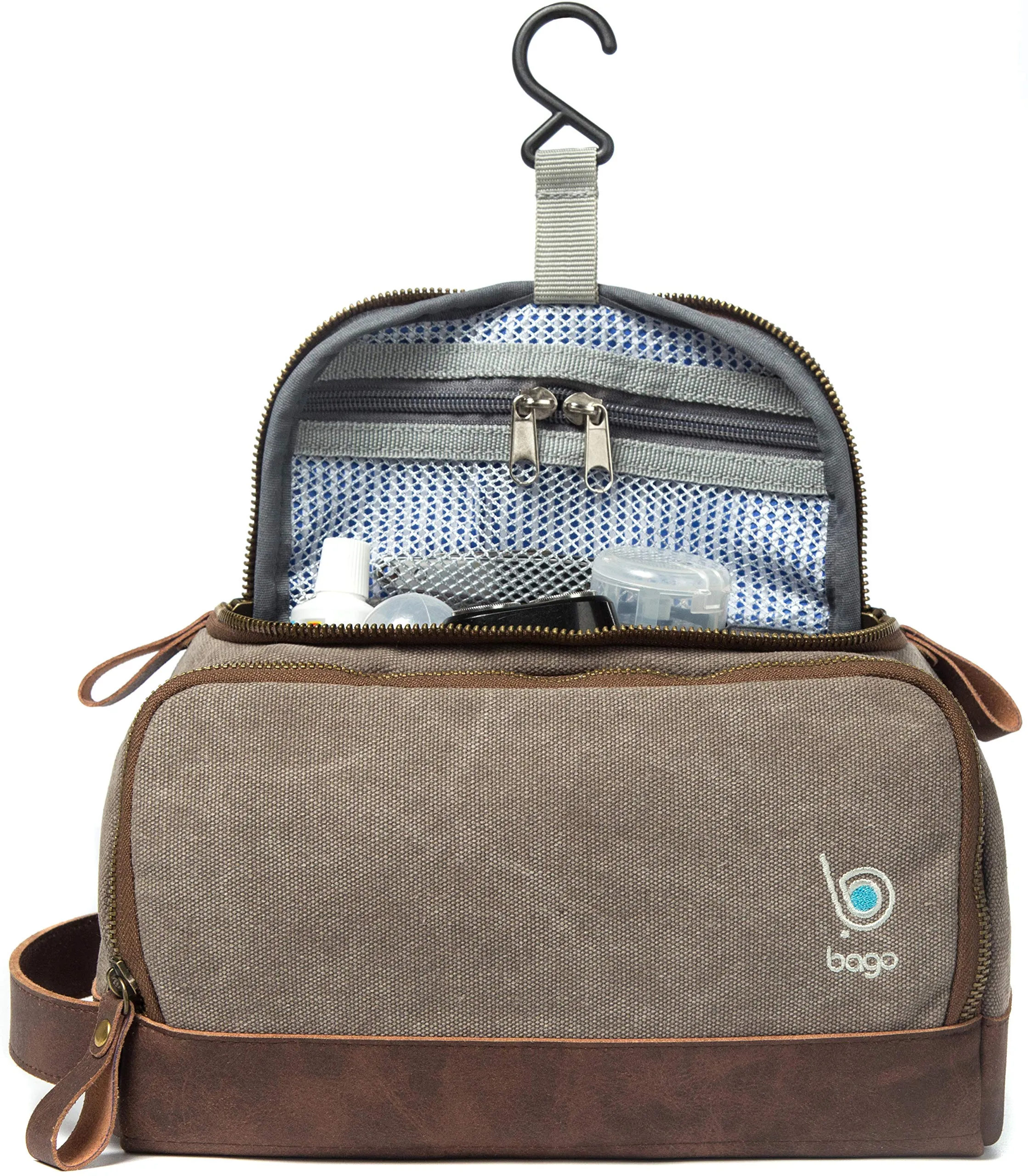 Bago Leather Canvas Dopp Kit For Men - Shaving Kit Bags for Men - Shower and Toiletry Travel Bag - Hanging Hook | Inner Organization | Fits Large Toiletries kits | Mens Dopp Kit for Bathroom