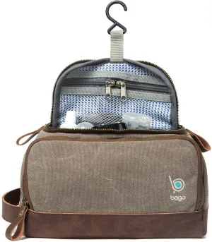 Bago Leather Canvas Dopp Kit For Men - Shaving Kit Bags for Men - Shower and Toiletry Travel Bag - Hanging Hook | Inner Organization | Fits Large Toiletries kits | Mens Dopp Kit for Bathroom