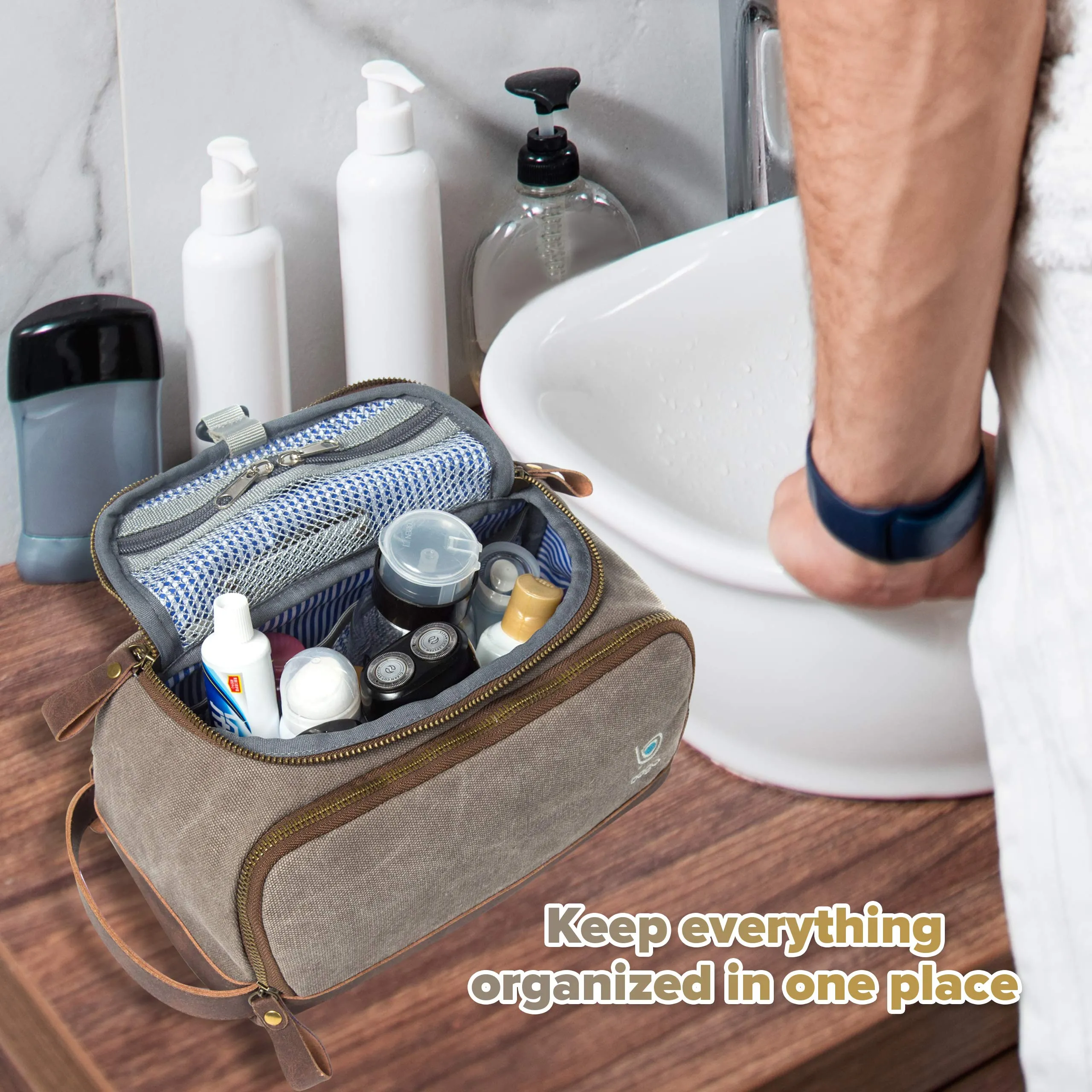 Bago Leather Canvas Dopp Kit For Men - Shaving Kit Bags for Men - Shower and Toiletry Travel Bag - Hanging Hook | Inner Organization | Fits Large Toiletries kits | Mens Dopp Kit for Bathroom