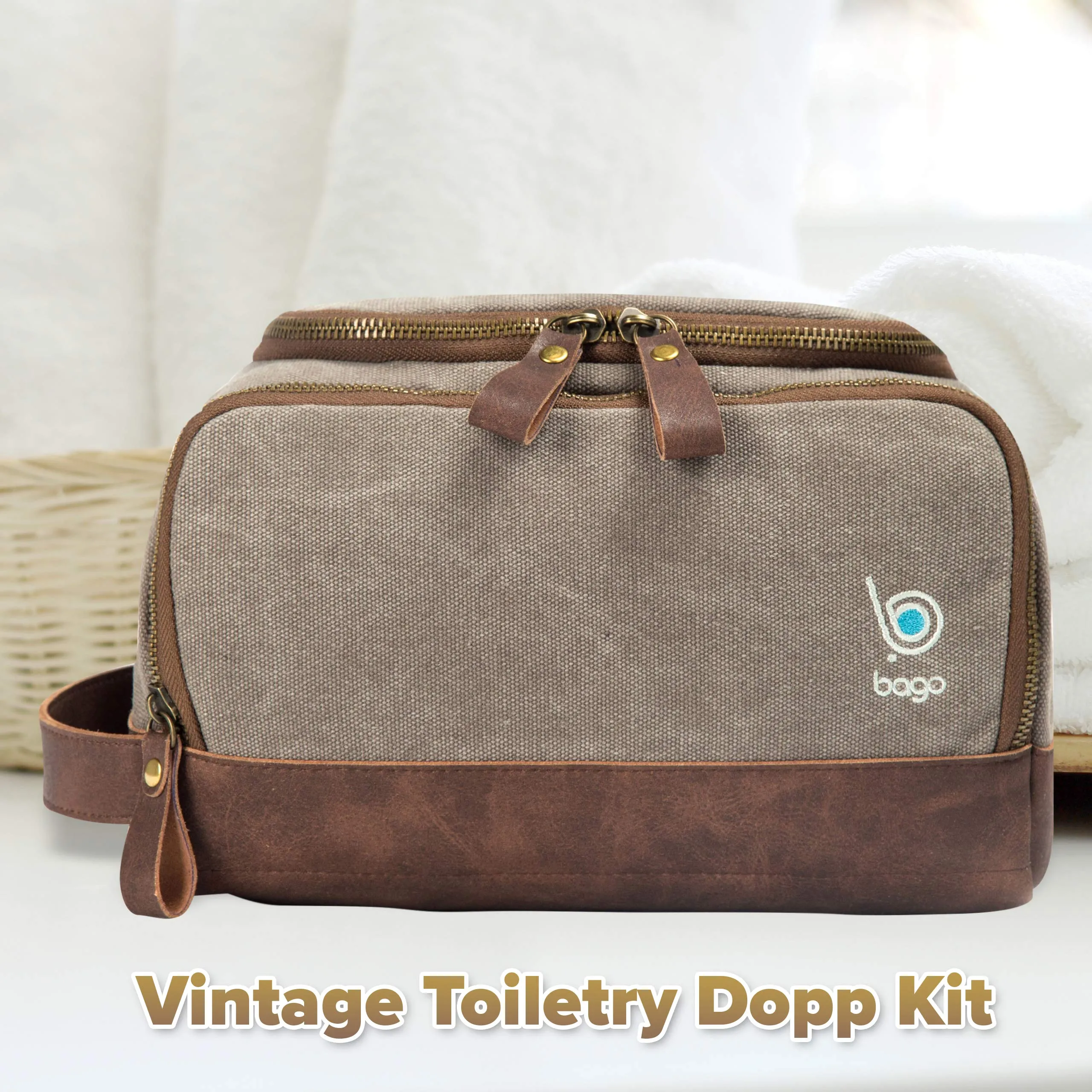 Bago Leather Canvas Dopp Kit For Men - Shaving Kit Bags for Men - Shower and Toiletry Travel Bag - Hanging Hook | Inner Organization | Fits Large Toiletries kits | Mens Dopp Kit for Bathroom