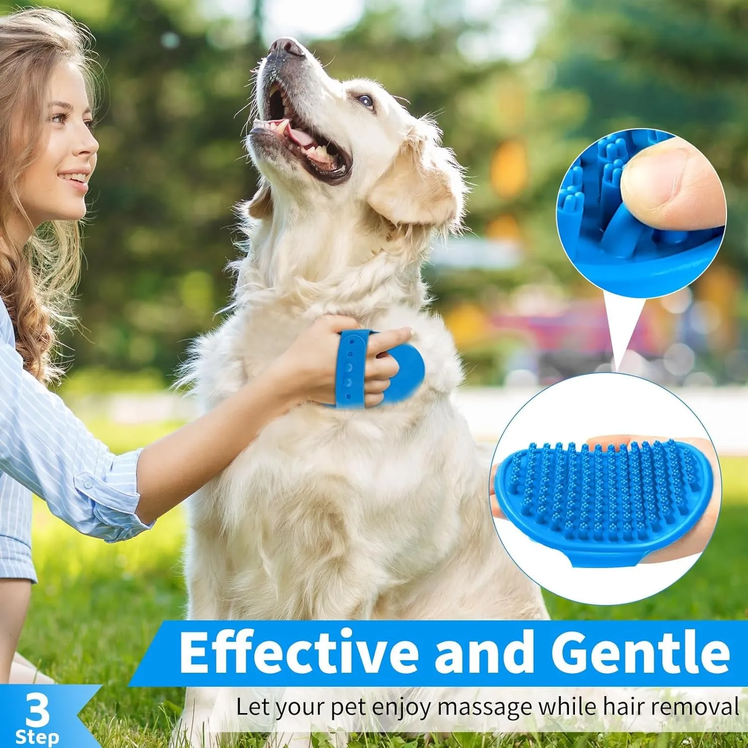 Comotech 3PCS Dog Bath Brush | Dog Shampoo Brush | Dog Scrubber for Bath | Dog Bath Brush Scrubber | Dog Shower/Washing Brush with Adjustable Ring Handle for Short & Long Hair (Blue Blue Blue)