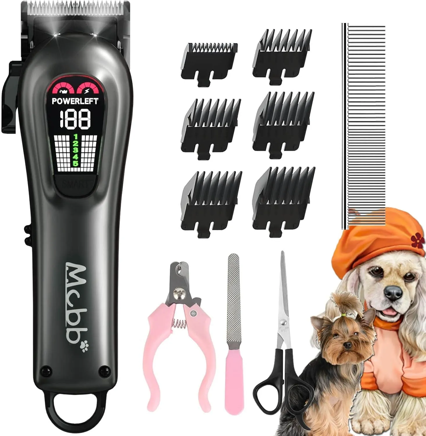 Dog Clippers- Low Noise Dog Grooming Kits 5-Mode Heavy-Duty Dog Clippers for Grooming with LED Display,Rechargeable Dog Grooming Kits, Auxiliary Light,Cordless Pet Grooming Tool