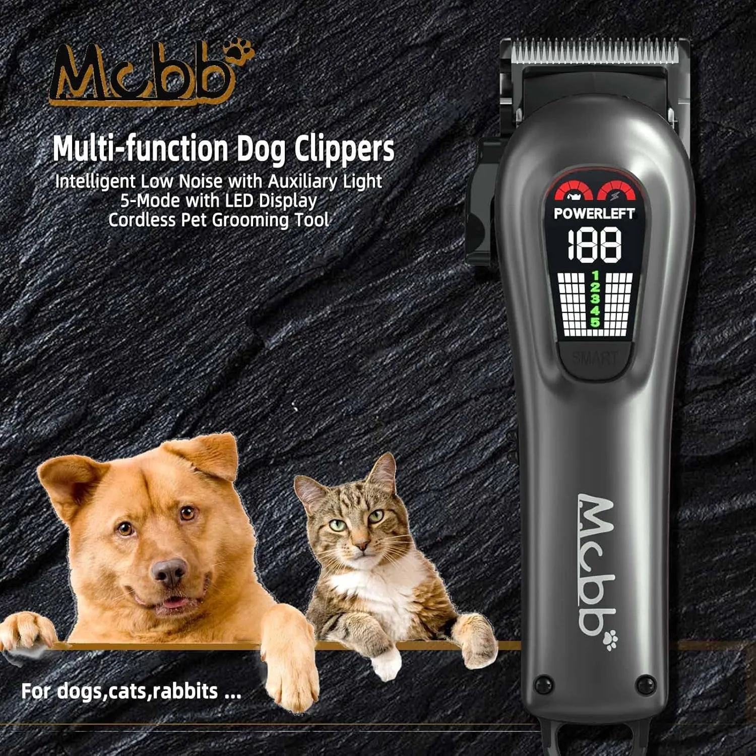 Dog Clippers- Low Noise Dog Grooming Kits 5-Mode Heavy-Duty Dog Clippers for Grooming with LED Display,Rechargeable Dog Grooming Kits, Auxiliary Light,Cordless Pet Grooming Tool