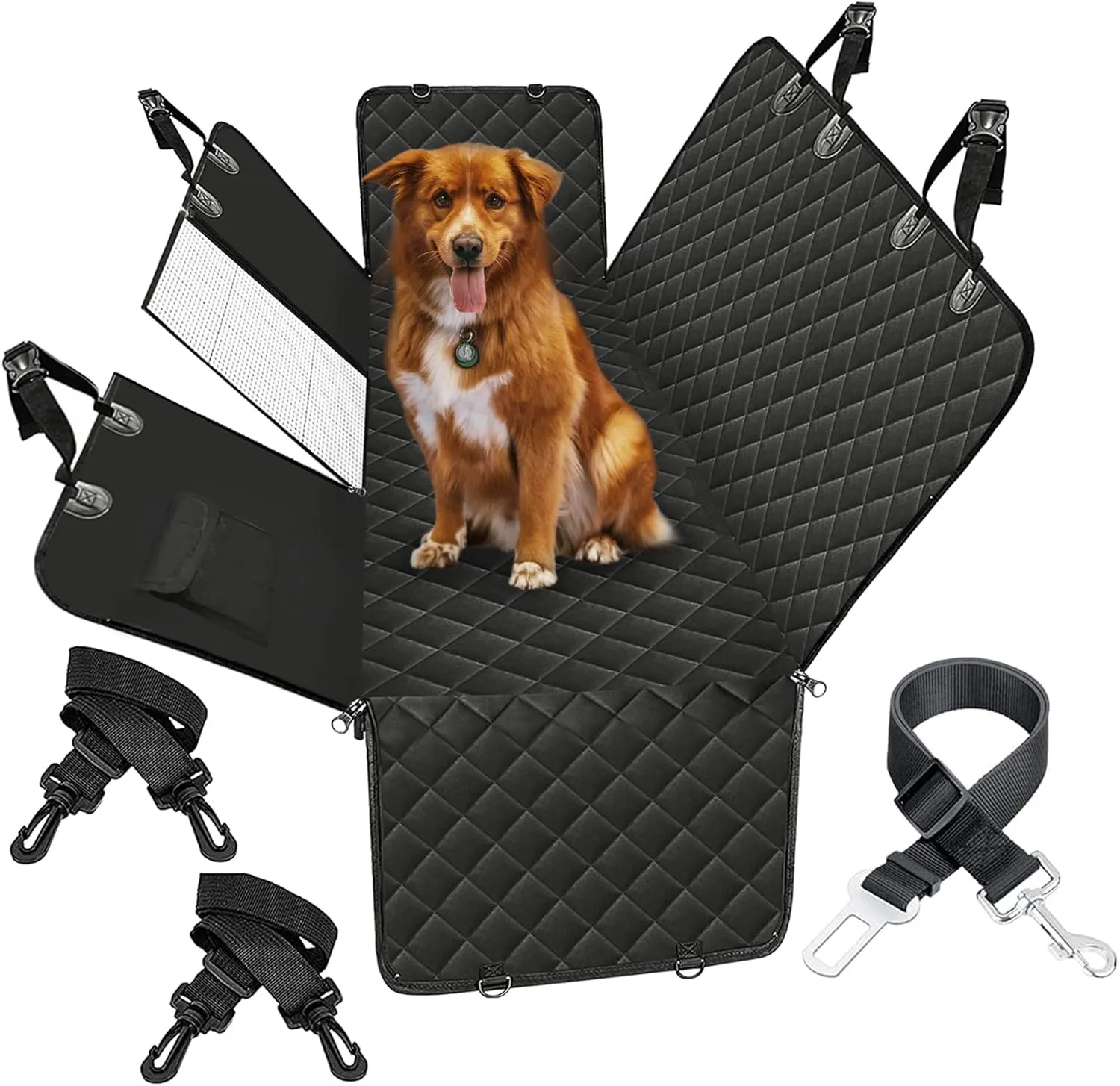 Dog Seat Cover,Waterproof Pet Seat Cover with Mesh Visual Window & Seat Belt Opening & Storage Pockets,Wear-Proof Dog Back Seat Hammock for Cars, Trucks and SUV - 147 x 137 cm…
